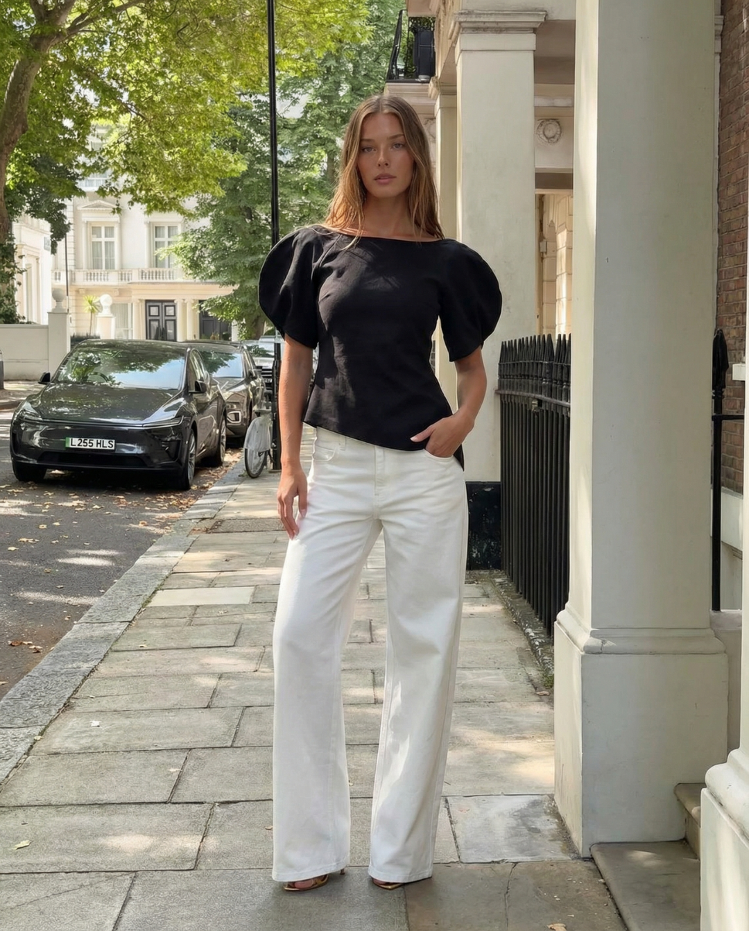 Asymmetric Top Black Puff Sleeve Short Sleeve Essential