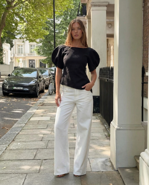 Asymmetric Top Black Puff Sleeve Short Sleeve Essential