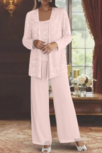Three-Piece Occasion Suit - Elegant Lace Layer with Wide-Leg Trousers