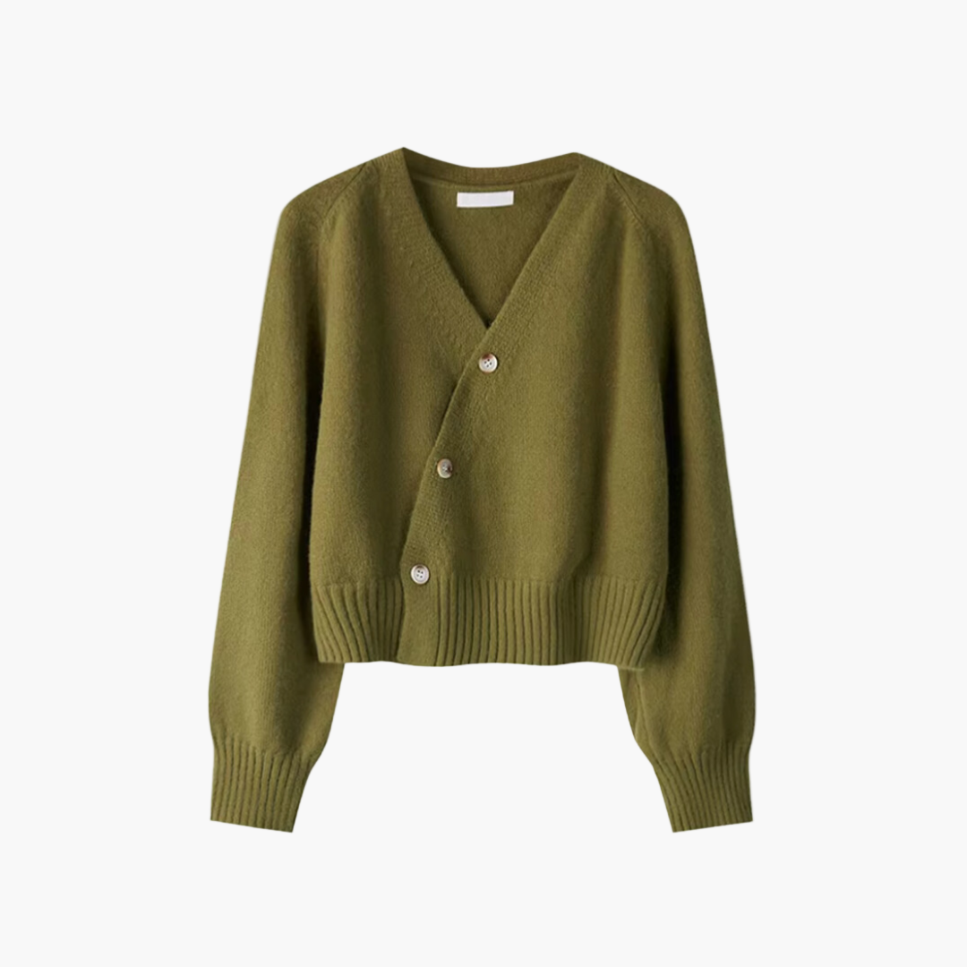 Women's V-Neck Cardigan - Asymmetrical Button Knit