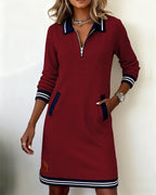 Long Sleeve Zip Dress with Lapel Collar – Elegant