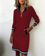 Long Sleeve Zip Dress with Lapel Collar – Elegant