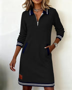 Long Sleeve Zip Dress with Lapel Collar – Elegant