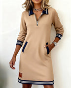 Long Sleeve Zip Dress with Lapel Collar – Elegant