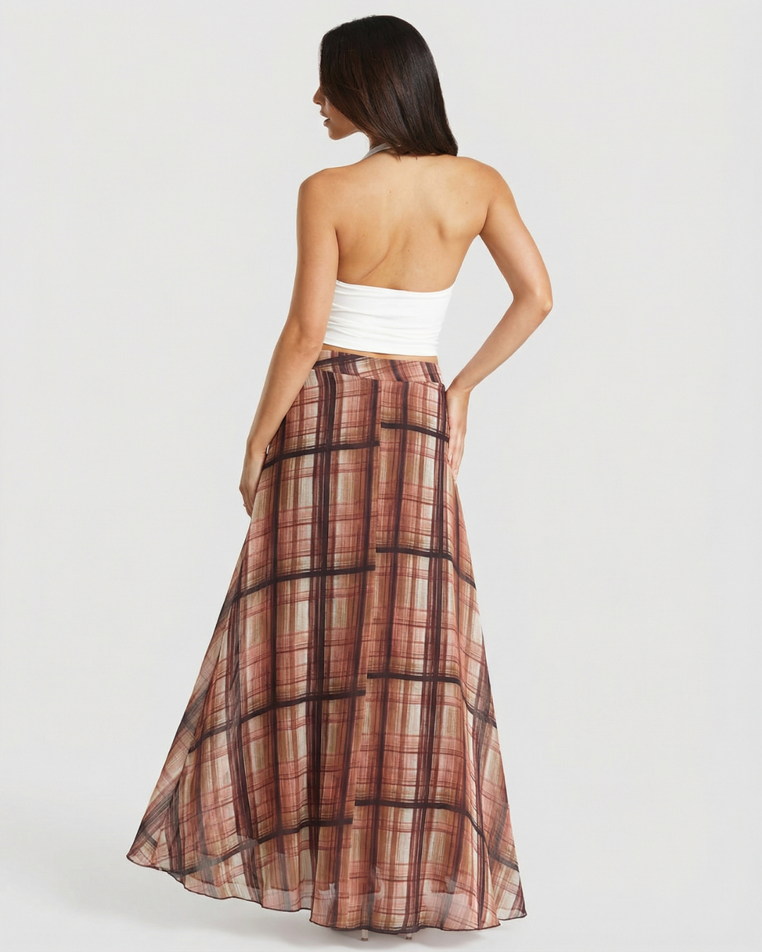 Check Tiered Maxi Skirt - Sheer Flowing A-Line Silhouette for Effortless Styling