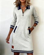 Long Sleeve Zip Dress with Lapel Collar – Elegant