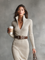 Chic Midi Knit Dress with High Neck – Elegant