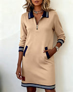 Long Sleeve Zip Dress with Lapel Collar – Elegant