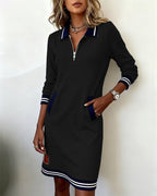 Long Sleeve Zip Dress with Lapel Collar – Elegant