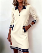 Long Sleeve Zip Dress with Lapel Collar – Elegant