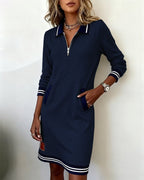 Long Sleeve Zip Dress with Lapel Collar – Elegant