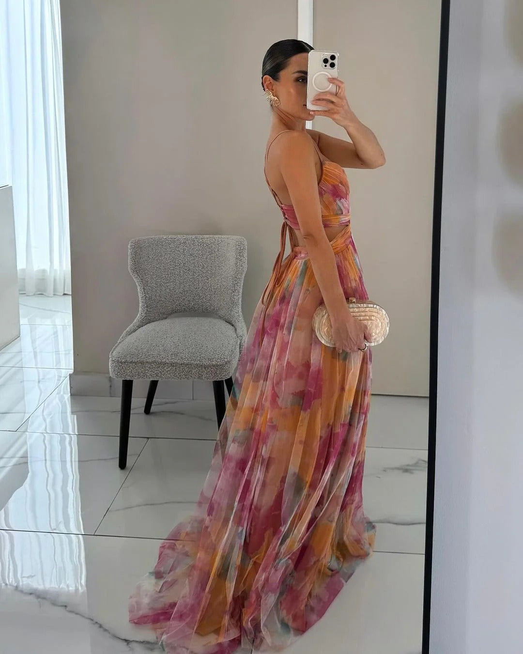 Floral V-Neck Maxi Dress - Elegant Flowing Wedding Guest Silhouette