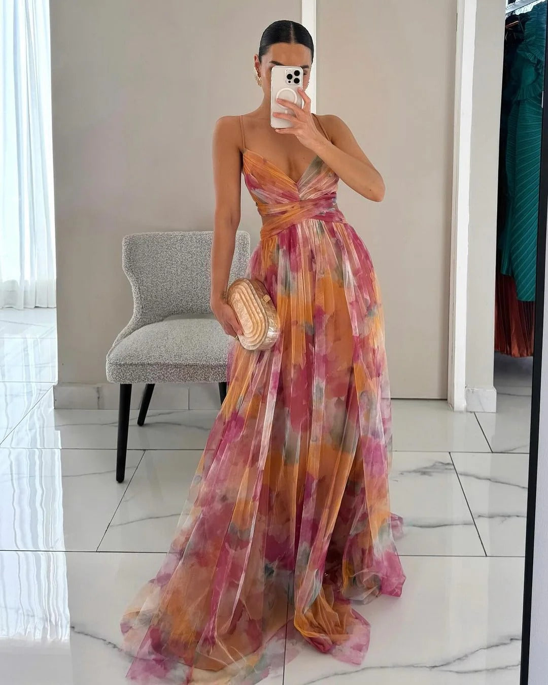 Floral V-Neck Maxi Dress - Elegant Flowing Wedding Guest Silhouette