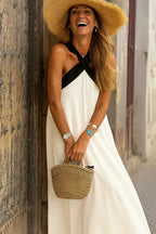 Cross Front Maxi Dress - Sleeveless Holiday Maxi Dress with Relaxed Fit for Summer Occasion and Everyday Wear
