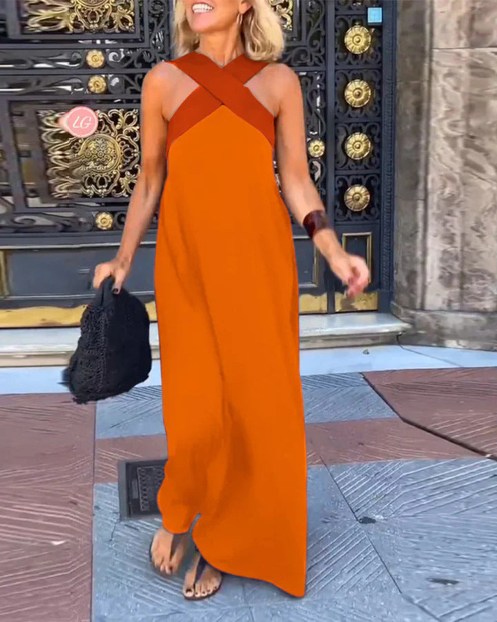 Cross Front Maxi Dress - Sleeveless Holiday Maxi Dress with Relaxed Fit for Summer Occasion and Everyday Wear