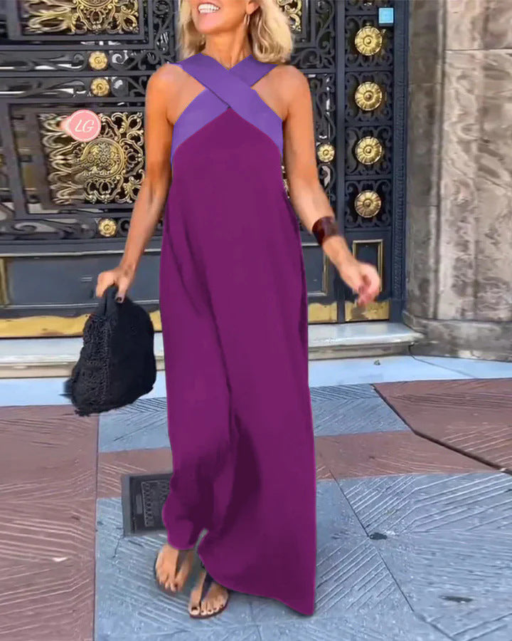 Cross Front Maxi Dress - Sleeveless Holiday Maxi Dress with Relaxed Fit for Summer Occasion and Everyday Wear