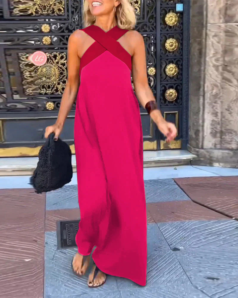 Cross Front Maxi Dress - Sleeveless Holiday Maxi Dress with Relaxed Fit for Summer Occasion and Everyday Wear