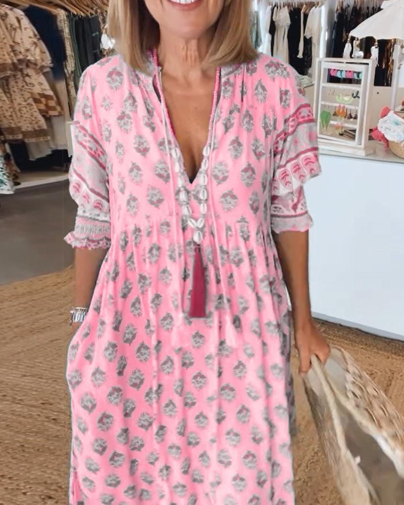 Floral V-Neck Midi Dress - Lightweight Summer Midi Dress with Relaxed Fit for Day-to-Night Occasion Wear