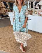 Floral V-Neck Midi Dress - Lightweight Summer Midi Dress with Relaxed Fit for Day-to-Night Occasion Wear