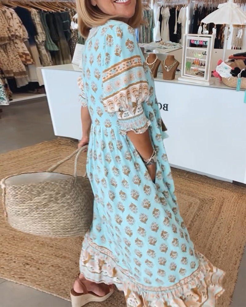 Floral V-Neck Midi Dress - Lightweight Summer Midi Dress with Relaxed Fit for Day-to-Night Occasion Wear