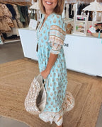 Floral V-Neck Midi Dress - Lightweight Summer Midi Dress with Relaxed Fit for Day-to-Night Occasion Wear