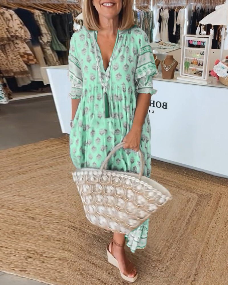 Floral V-Neck Midi Dress - Lightweight Summer Midi Dress with Relaxed Fit for Day-to-Night Occasion Wear