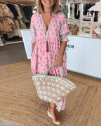 Floral V-Neck Midi Dress - Lightweight Summer Midi Dress with Relaxed Fit for Day-to-Night Occasion Wear