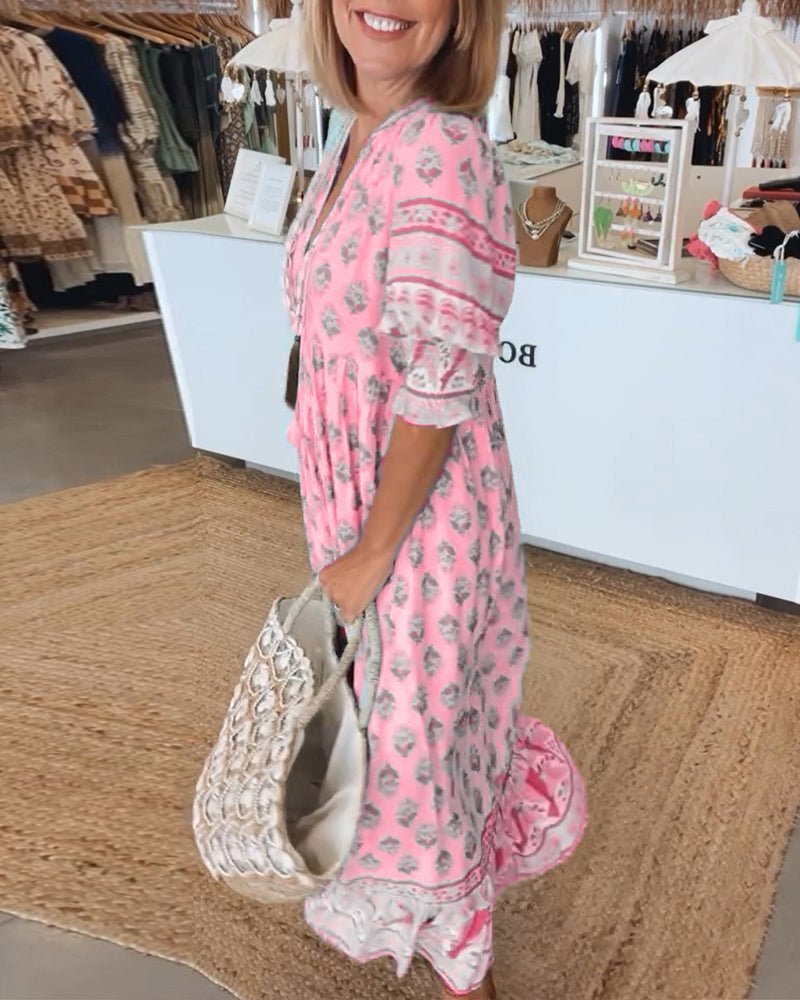Floral V-Neck Midi Dress - Lightweight Summer Midi Dress with Relaxed Fit for Day-to-Night Occasion Wear