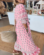 Floral V-Neck Midi Dress - Lightweight Summer Midi Dress with Relaxed Fit for Day-to-Night Occasion Wear