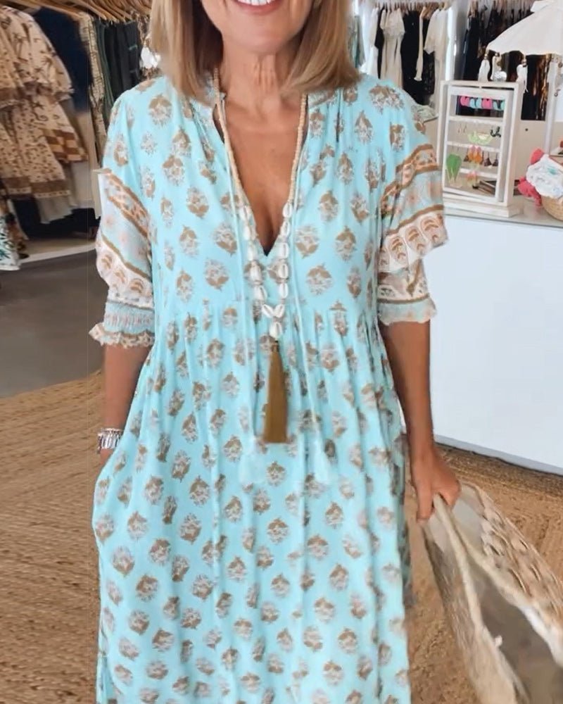 Floral V-Neck Midi Dress - Lightweight Summer Midi Dress with Relaxed Fit for Day-to-Night Occasion Wear
