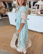 Floral V-Neck Midi Dress - Lightweight Summer Midi Dress with Relaxed Fit for Day-to-Night Occasion Wear