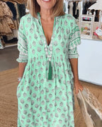 Floral V-Neck Midi Dress - Lightweight Summer Midi Dress with Relaxed Fit for Day-to-Night Occasion Wear
