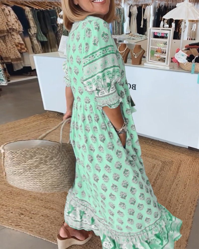 Floral V-Neck Midi Dress - Lightweight Summer Midi Dress with Relaxed Fit for Day-to-Night Occasion Wear
