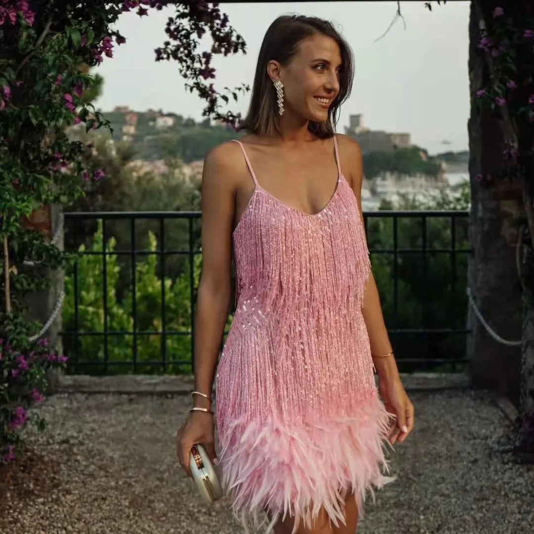 Fringe Cocktail Dress - Elegant Sequin Evening Silhouette