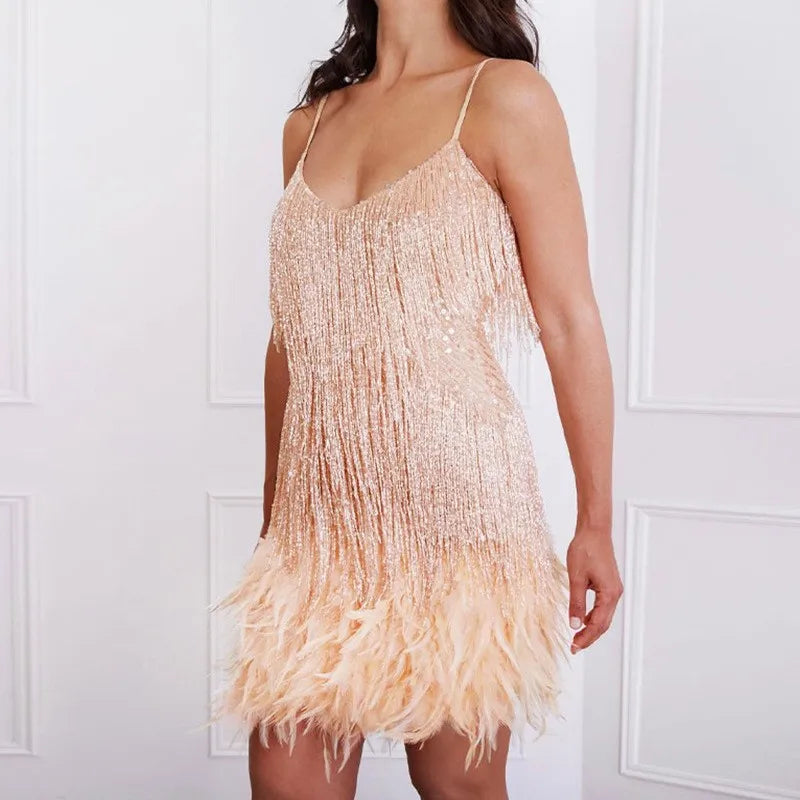 Fringe Cocktail Dress - Elegant Sequin Evening Silhouette
