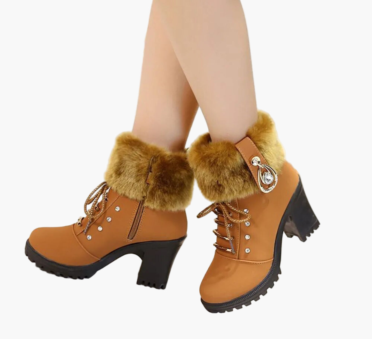 Florence | Women's Heeled Winter Ankle Boots – Lace Up with Faux Fur Trim