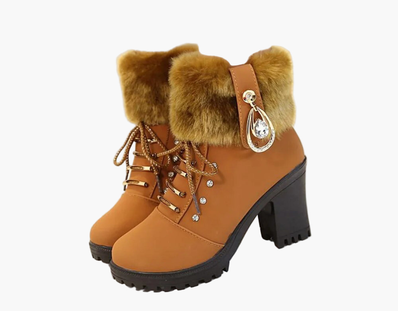 Florence | Women's Heeled Winter Ankle Boots – Lace Up with Faux Fur Trim