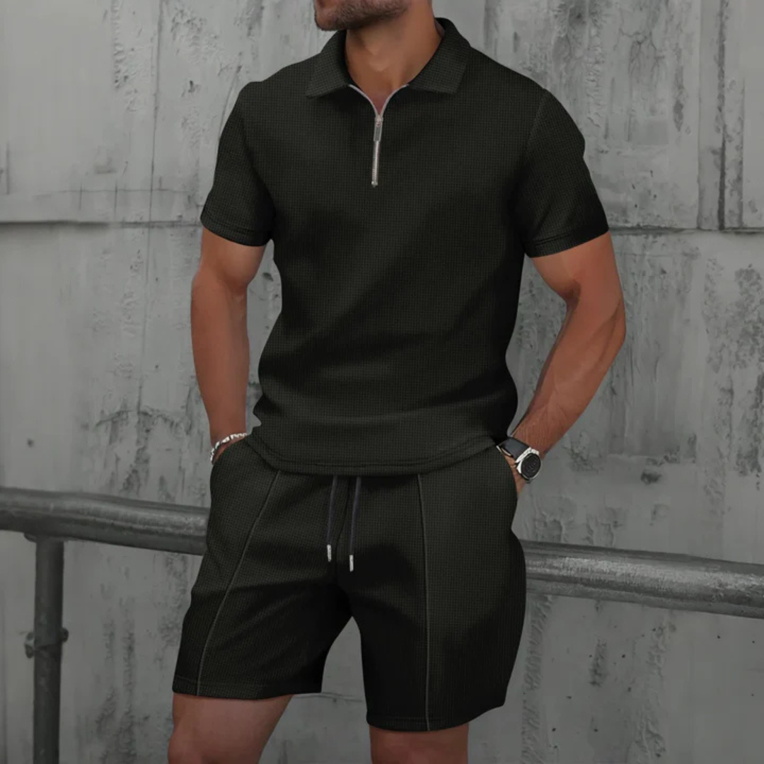 Co-Ord Set - Zip-Neck Polo Shirt & Shorts Everyday Casual Essential