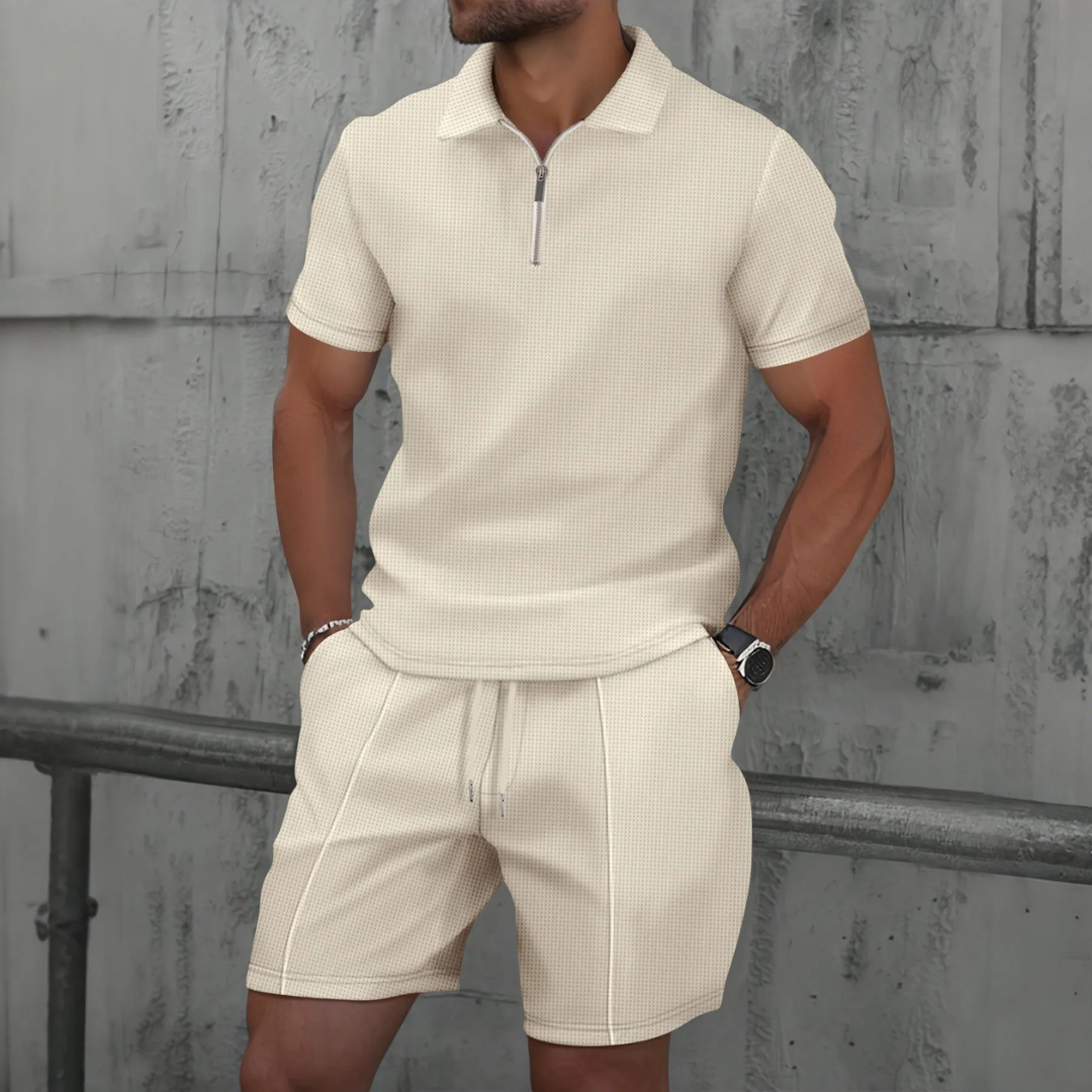 Co-Ord Set - Zip-Neck Polo Shirt & Shorts Everyday Casual Essential