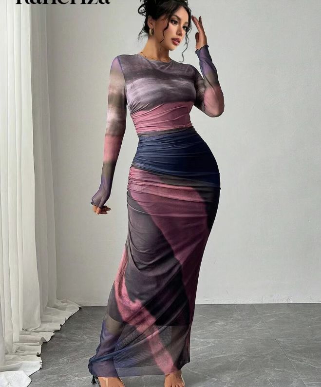 Round Neck Printed Maxi Dress - Bodycon Fit Everyday Elegance