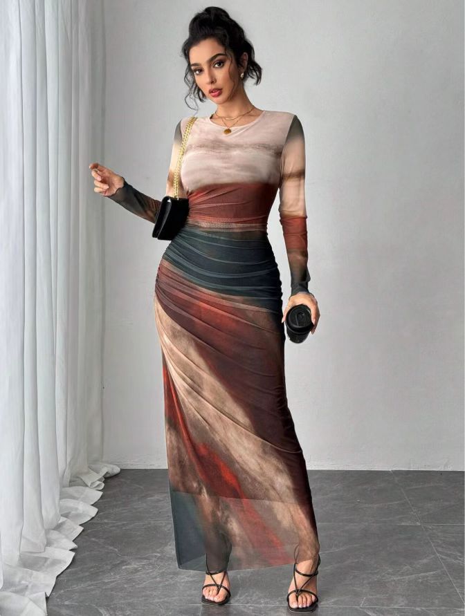 Round Neck Printed Maxi Dress - Bodycon Fit Everyday Elegance