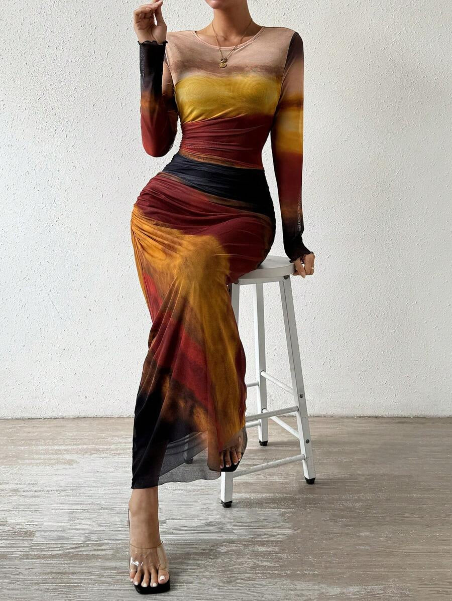 Round Neck Printed Maxi Dress - Bodycon Fit Everyday Elegance
