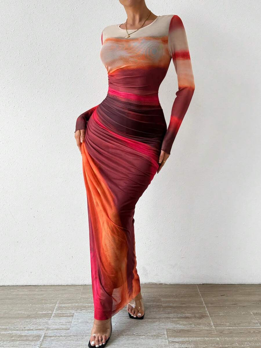 Round Neck Printed Maxi Dress - Bodycon Fit Everyday Elegance