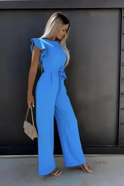 Ruffle Sleeve Jumpsuit - Elegant Wide-Leg Silhouette