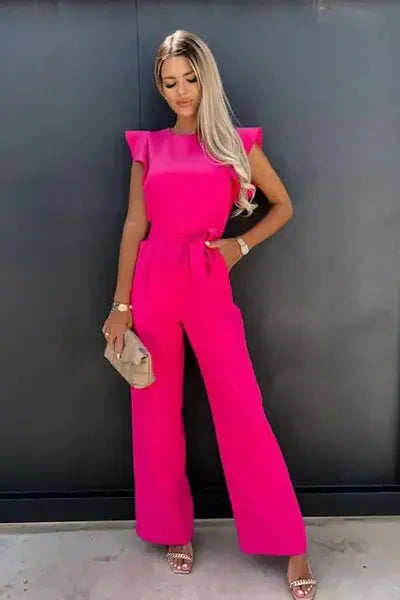 Ruffle Sleeve Jumpsuit - Elegant Wide-Leg Silhouette