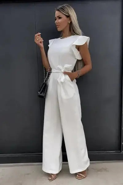 Ruffle Sleeve Jumpsuit - Elegant Wide-Leg Silhouette