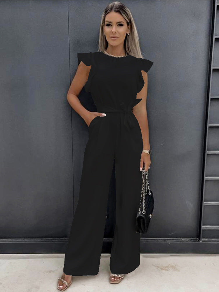 Ruffle Sleeve Jumpsuit - Elegant Wide-Leg Silhouette