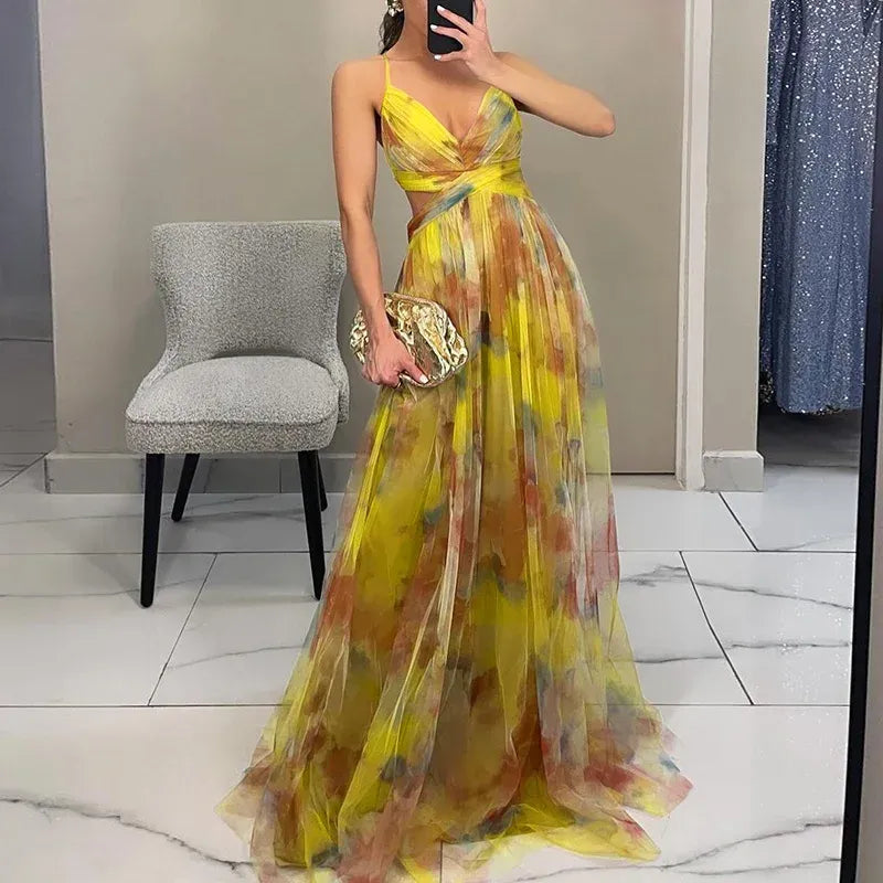 Floral V-Neck Maxi Dress - Elegant Flowing Wedding Guest Silhouette