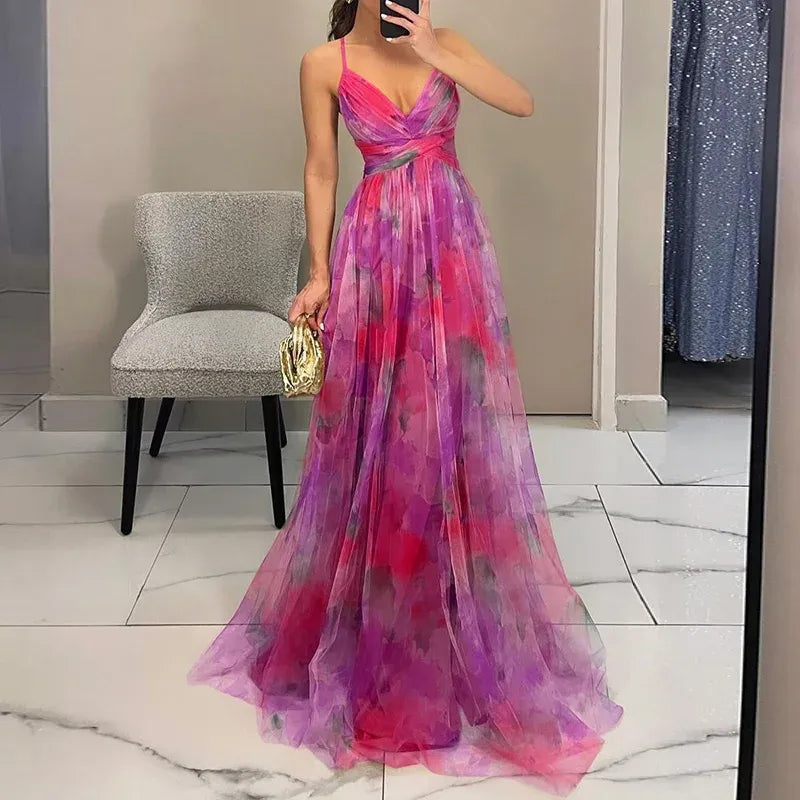Floral V-Neck Maxi Dress - Elegant Flowing Wedding Guest Silhouette