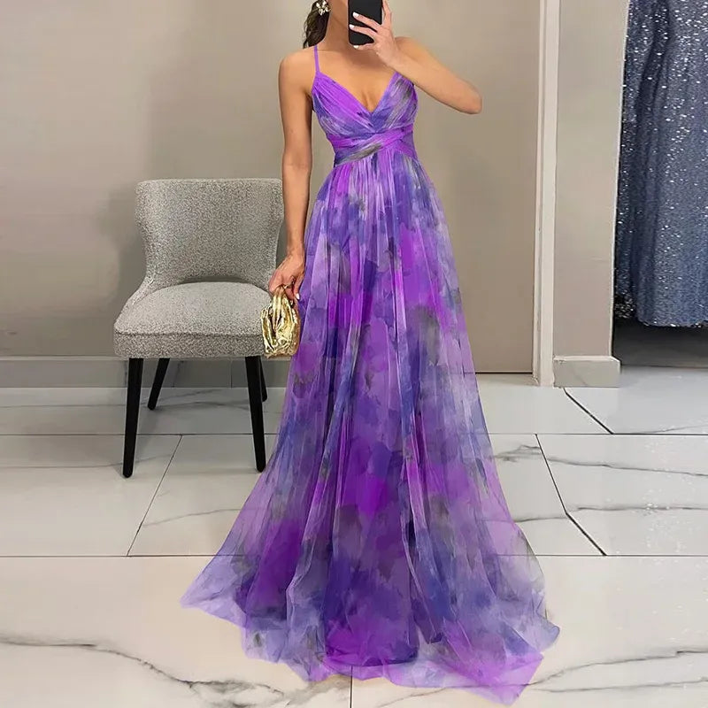 Floral V-Neck Maxi Dress - Elegant Flowing Wedding Guest Silhouette
